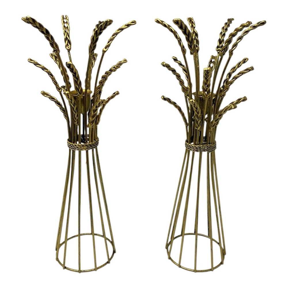 MCM 1970s Wheat Sheaf 13" Set Of 2 Gold And Black Metal Candle Holders